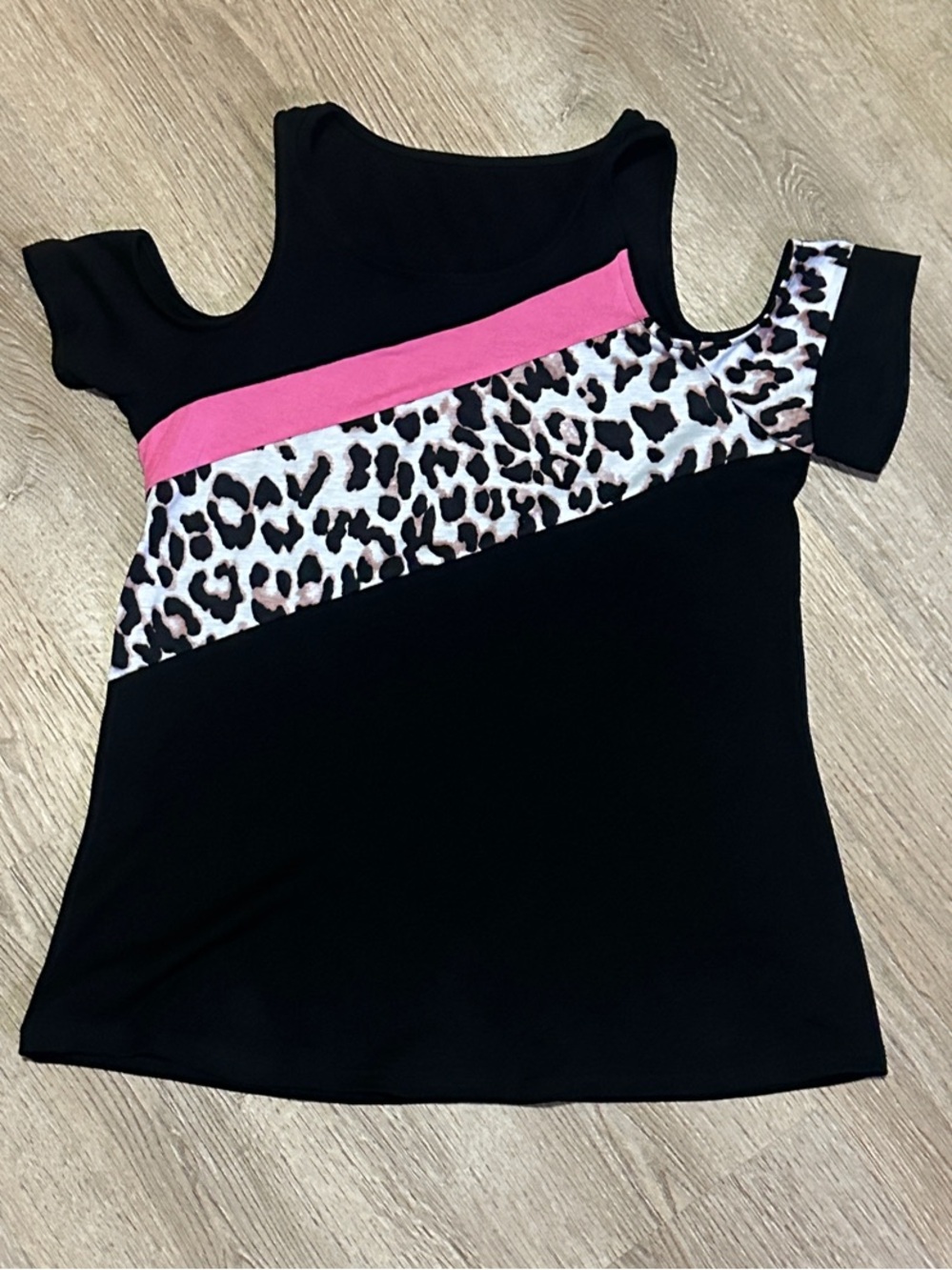 SHEIN Black Cold-Shoulder Tank with Pink Stripe and Leopard Panel